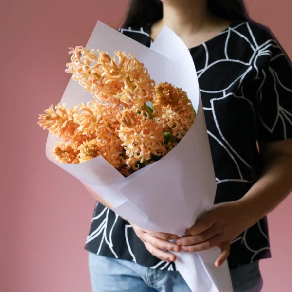 Wrapped bouquet of apricot hyacinths.