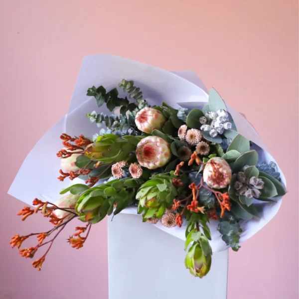 Native bouquet with kangaroo paw, proteas and leucadendron.