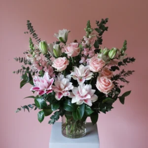 Flower arrangment in vase with pastel pink roses and rose lilies.